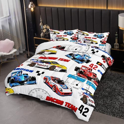 Race Car Themed Comforter Set Queen for Boys，Race Car Bedding Queen Bed Set，Kids Race Car Bedroom Decor with 1 Comforter with 2 Pillow Case