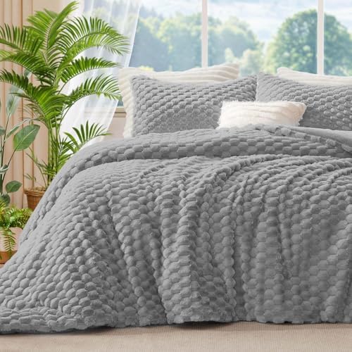 BEDELITE Fluffy Queen Comforter Set, Light Grey Fleece Bed Set 3 Pieces