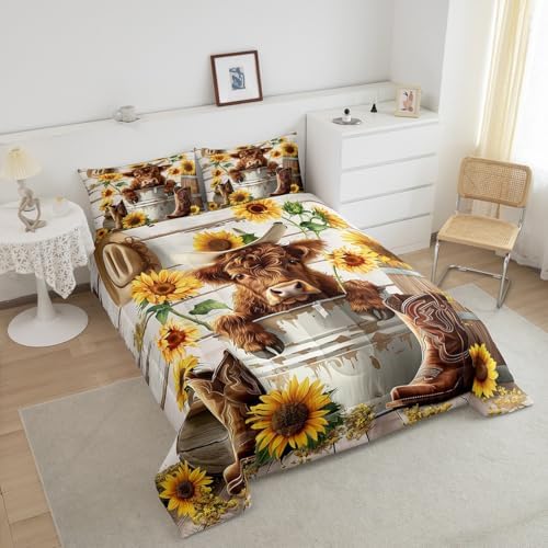 jejeloiu Funny Highland Cow Comforter Set Queen Size Kids Highland Cattle Sunflower Bedding Set Boys Girls Farmhouse Rustic Duvet Breathable Western Quilt Bedroom Decor,1 Comforter with 2 Pillowcase