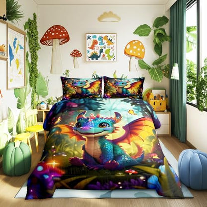 Castle Fairy Cartoon Dragon Bedding Set Twin Size Polka Dot Mushroom Comforter Set for Kids Teens Room Decor Cute Western Dragon Duvet Insert Fantasy Jungle Butterfly Down Comforter Set,2Pcs