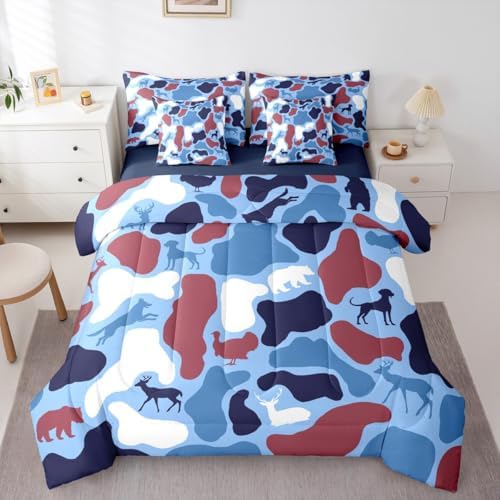 Erosebridal Camo 7 Piece Bedding Set Full Deer Hound Comforter Set with Sheets Wolf Bear Theme Camouflage Bed in a Bag Turkey Red Blue Woods Retro for Kids Boys Girls