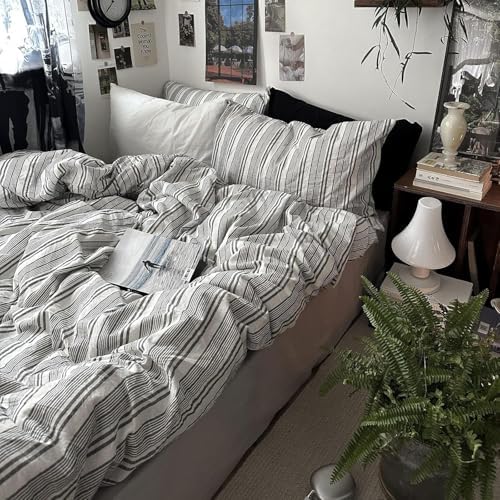 mixinni Washed Cotton Duvet Cover Twin Set - 3 Piece Gray & White Striped Bedding with Pillowcases | Vintage Industrial Style | 100% Cotton Soft Breathable-Twin Size