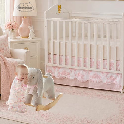 Brandream Scallop Edge Organic Cotton Crib Skirt Girls Toddler Bedskirt Baby Nursery Crib Bed Skirt Double Layer Chic French Country Grandmillennial Rose with Solid Pink Pleated Skirt Dust Ruffle