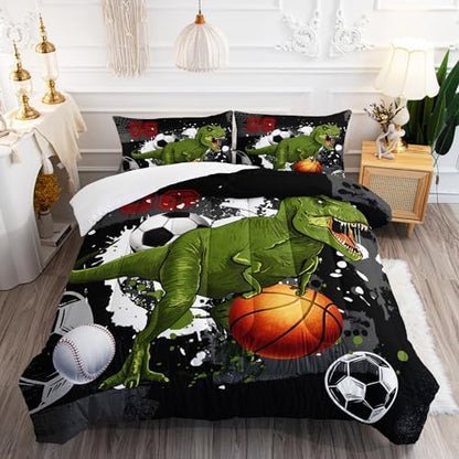 AILONEN Boys Dinosaur Comforter Set Twin Dinosaur Bedding Set,Sport Basketball Soccer Ball Print Comforter Set,3 Pieces Teen Boys Bed in a Bag, 1 Quilt and 2 Pillowcases