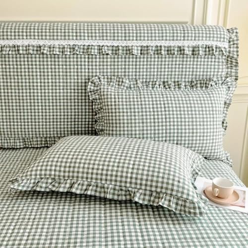 LifeTB Green Gingham Comforter Set Full Size Ruffle Plaid Checkered Pattern Comforter Farmhouse Grid Plaid Gingham Bedding Comforter Set with 2 Pillowcases Fluffy Soft Lightweight Grid Bedding Set
