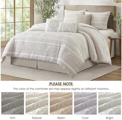 LANCO MODERN LIFESTYLE 7 Piece Queen Comforter Set, Beige, Elegant Jacquard with Patchwork, Stylish and Cozy Bedding Collection, Premium Bedding Set with Bedskirt, Shams and Pillows