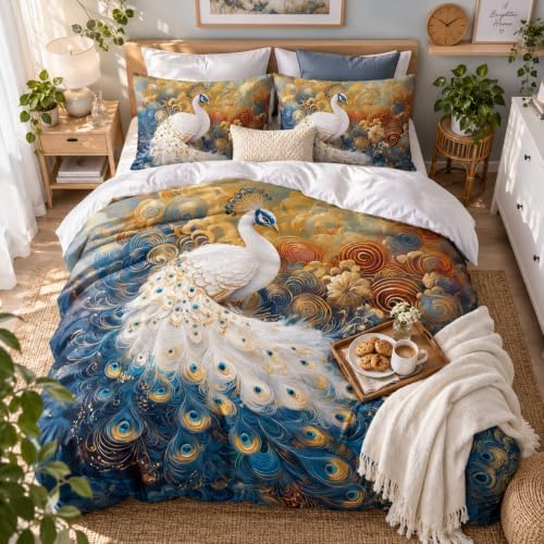 CCoutueChen Peacock Bedding Set King Size, Dark Blue and Golden Comforter Sets for Women Luxury Feather Bedroom Decor, 3 Pcs 2 Pillowcases, 104"x90"