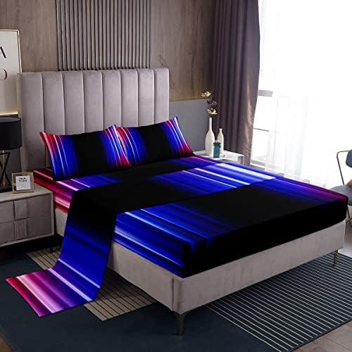 Feelyou Geometric Abstract Ombre Bed Sheets Kids Teens Red Blue and Black Striped Sheet Set Decor Modern Fashion Bed Set with 2 Pillowcases 4Pcs Bedding Queen