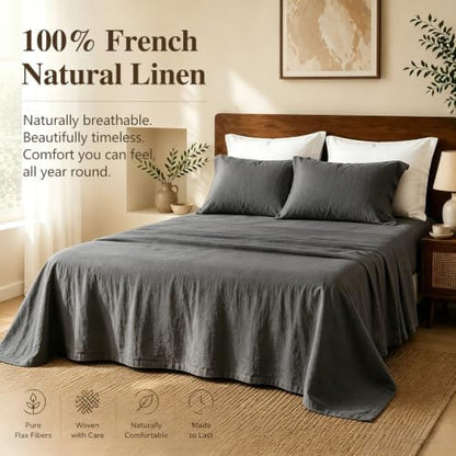 MEISHANG 100% French Linen Sheets Queen,4 Pcs,16" Deep Pocket