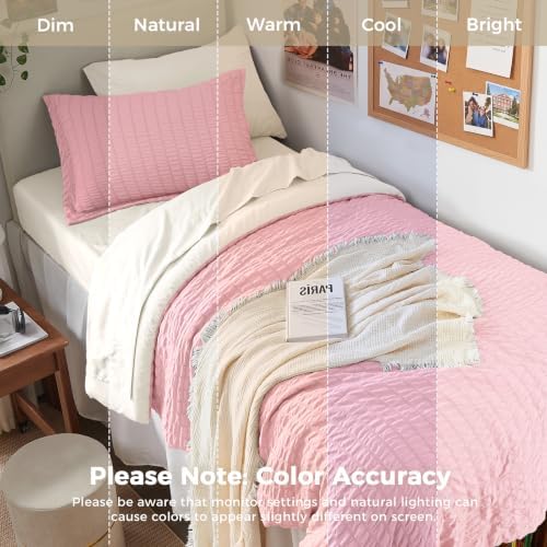 HYMOKEGE Pink/Ivory Twin XL Comforter Set Seersucker 5 Pieces, All Season Luxury Bed in a Bag for Bedroom, Bedding Set with Comforter, Sheets, Pillowcase & Sham