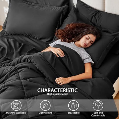 Love's cabin California King Comforter Set Black, 7 Pieces California King Bed in a Bag, All Season Bedding Sets with 1 Comforter, 1 Flat Sheet, 1 Fitted Sheet, 2 Pillowcase and 2 Pillow Sham