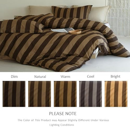 Twin Comforter Set 2 Pieces, 100% Cotton Brown and Beige Striped Bedding Set for All‑Season, Soft Hypoallergenic Reversible Comforter with 1 Pillow Sham