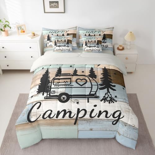 Erosebridal Camper Camping 7 Pieces Bedding Set Twin Size,Cartoon Travel RV Bed in a Bag,Happy Camping Bed Set Includes Comforter,Sheet Set,Pillowcases & Pillow Covers,Retro Wooden Plank Bedroom Decor
