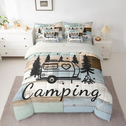 Erosebridal Camper Camping 7 Pieces Bedding Set Twin Size,Cartoon Travel RV Bed in a Bag,Happy Camping Bed Set Includes Comforter,Sheet Set,Pillowcases & Pillow Covers,Retro Wooden Plank Bedroom Decor