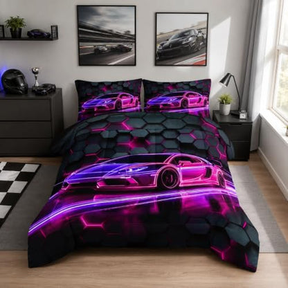 HOSIMA Race Car Gaming Queen Bedding Sets for Boys with 2 Pillowcases.