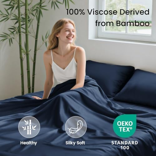 Love's cabin 4 Piece California King Size Sheet Set, 100% Rayon Derived from Bamboo, Cooling & Breathable, Soft Silky Deep Pocket up to 16", Hotel Luxury Bedding for Hot Sleepers, Navy