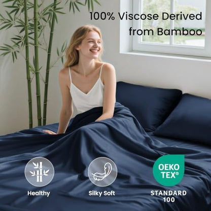 Love's cabin 4 Piece California King Size Sheet Set, 100% Rayon Derived from Bamboo, Cooling & Breathable, Soft Silky Deep Pocket up to 16", Hotel Luxury Bedding for Hot Sleepers, Navy