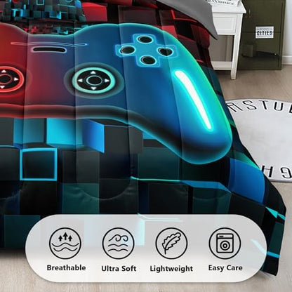 6 Pieces Kids Full Size Gaming Bedding Set, Red Blue 3D Gradient Game Controller Comforter Set for Boys Girls Teens, Gamer Bed in a Bag Room Decor All Season Full53