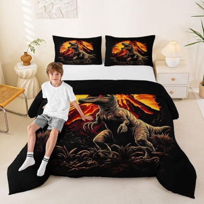 Feelyou Kids Dino Kids Comforter Set Full Size Dinosaur Bedding Set Volcano Duvet Quilt for Kids Boys Girls Bedroom Ancient Jungle Dinosaur Decor Yellow Black Microfiber Ultra Soft Breathable