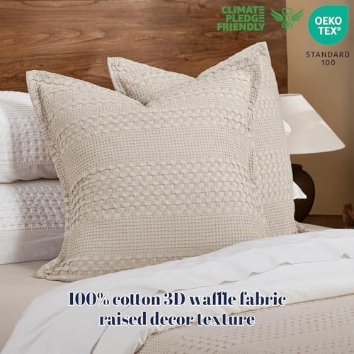 PHF Cotton Ruffle Waffle Weave Euro Sham Covers 26"x26", Oatmeal, No Insert