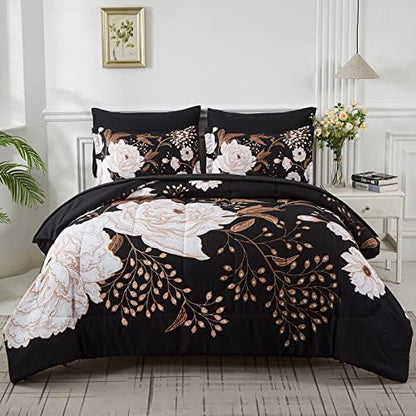 Yogeneg 7 Piece Bed in a Bag Queen Comforter Set Botanical Floral Bedding Set,White Flowers Leaves Printed on Black Reversible Design,Soft Microfiber Comforter with Sheet Set,All Season