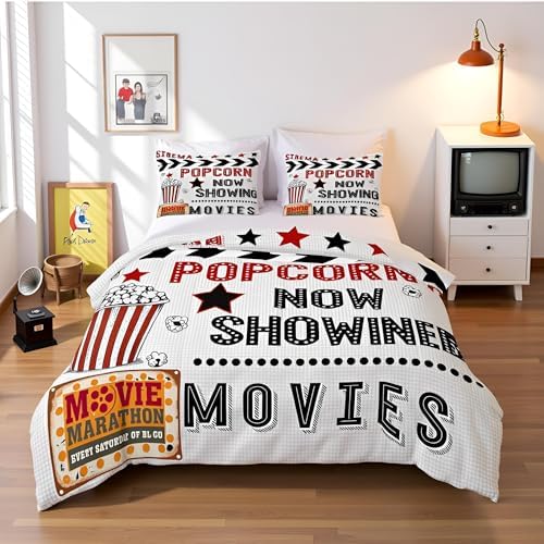 Homewish Movie Theater Comforter Set Queen Size,70's Vintage Cinema Bedding Set 3Pcs for Kids Teens Adult Room Decor,Movie Popcorn Print Down Comforter Retro Red Black Duvet Insert,2 Pillowcases