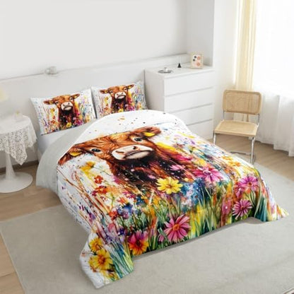 jejeloiu Cute Cow Comforter Set Full Size Highland Cattle Bedding Set for Kids Boys Girls Flower Farmhouse Duvet Quilt Wildlife Bedroom Decor Microfiber 3 Pcs with 2 Pillow Cases