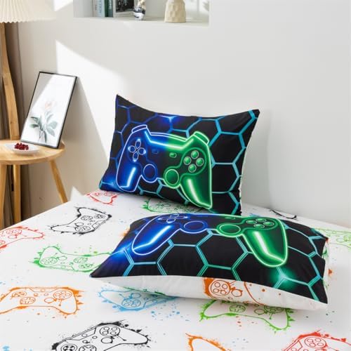 NTBED Game Console Comforter Set for Boys Girls Kids 3D Gaming Geometric Lightweight Microfiber Bedding Sets (Blue Green, Queen 5Pcs)