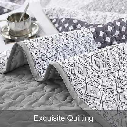 WONGS BEDDING Grey Queen Size Quilt Set, Boho Striped Bedspread