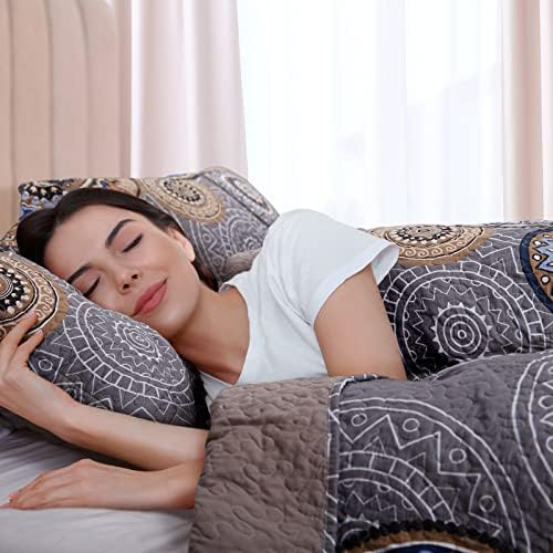 3 Pieces Full/Queen Size Quilt Set Lightweight Summer Bedspread 90''x98'' Soft Microfiber Floral Coverlet Luxurious Warm Bed Cover for All Seasons Vintage Gray Bedding Set (1 Quilt, 2 Pillow Shams)