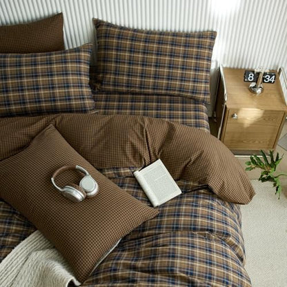LifeTB Vintage Brown&Blue Plaid Duvet Cover Grid Bedding Set King, 100% Washed Cotton Retro Plaid Checkered Comforter Cover, 3 Piece Grid Pattern Duvet Cover Linen Feel Farmhouse Gingham Bedding Set
