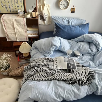 mixinni 100% Washed Cotton Duvet Cover Set Twin XL Size, Solid Light Blue Ocean Themed Chic Bedding, Soft Breathable Minimalist Comforter Cover with Zipper Closure & Corner Ties-Twin XL Size