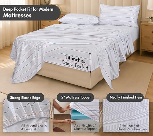 RUVANTI 100% Cotton California King Sheets, Chevron Twill Stripe