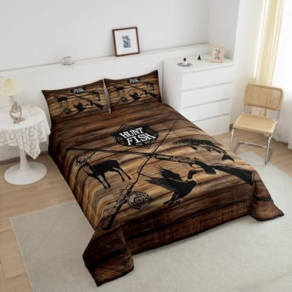 Retro Hunt Fish Comforter Set Twin Size,Retro Farm Wooden Board Quilt Set for Kids Boys Bedroom Collection,Deer Bird Fish Animal Hunting Polyester Bedding with 1 Pillowcase,2Pcs