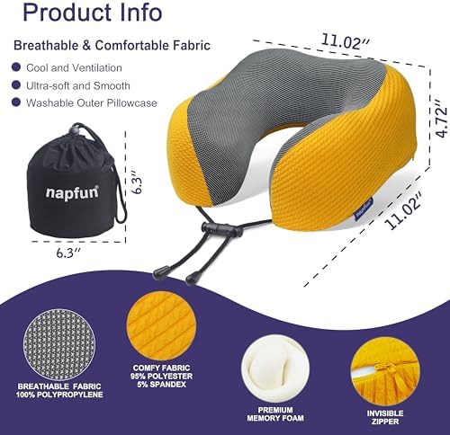 napfun Neck Pillow for Travel, Memory Foam Airplane Pillow, Yellow