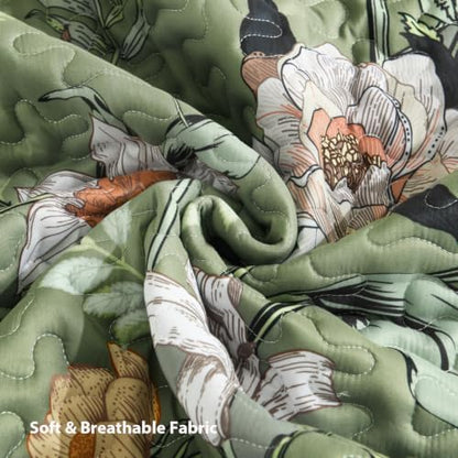 Litanika Floral Green Quilt California King - 3Pcs Botanical Birds Bed Set