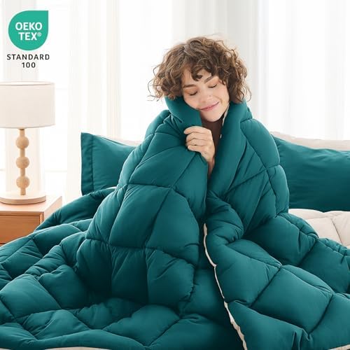 MUXHOMO 7 Pieces Full Comforter Set, Reversible Bed in a Bag Full Size, All Season Bedding Set with Comforter, Flat Sheet, Fitted Sheet, Pillowcases & Shams, Peacock Blue & Ivory