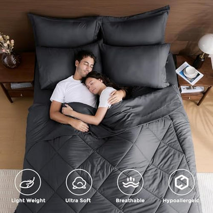 HEVUMYI 7-Piece Oversized Queen Comforter Set, Dark Grey Bed in a Bag