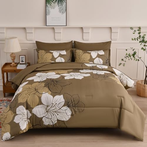 Luxudecor Brown King Size Comforter Set, 7 Pieces Floral Bed in a Bag