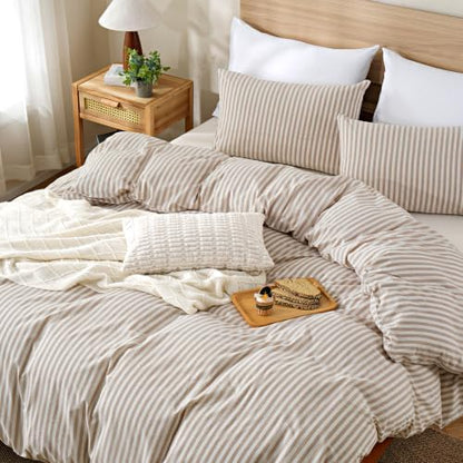 TOCOMOA Brown Striped Duvet Cover Set 100% Washed Cotton Like Linen, Queen