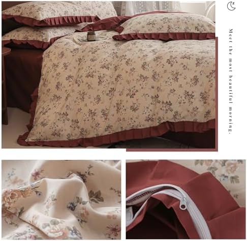 VM VOUGEMARKET Red Ruffle Duvet Cover Twin,Vintage Rose Flower Bedding Set with Zipper Ties 100% Cotton Romantic Lace Comforter Cover for Teen Girls