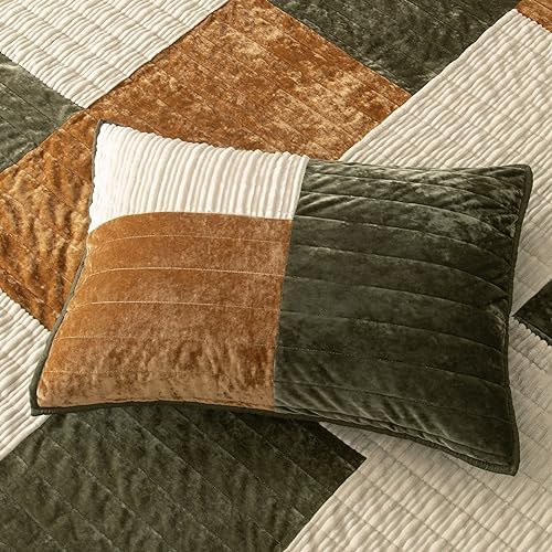 Wonderful 3-Piece Velvet Patchwork Quilt Set, King Striped Channel Stitch Green Quilt,Pet-Friendly,Soft Lightweight Comforter Versatile as Quilt/Bedspread for Adults Teens Kids Bedroom,106"x94"