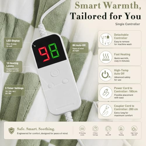 Electric Blanket Heated Twin 62"X84", Heating Blanket Twin, Sage Green
