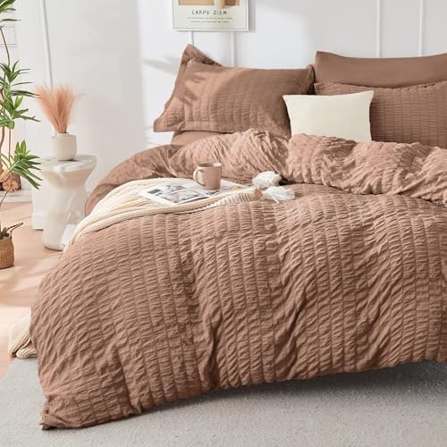 HYMOKEGE Mocha Brown Full Size Comforter Sets Seersucker 7 Pieces, All Season Luxury Bed in a Bag for Bedroom, Bedding Set with Comforter, Sheets, Pillowcases & Shams
