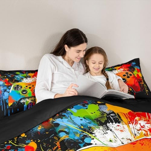 Erosebridal Gamer Comforter Set Graffiti Tie Dye Game Consoles Girl Toddler Bedding Set for Preteen Boys Girls Gaming Comforter Watercolor Abstract Art Quilt