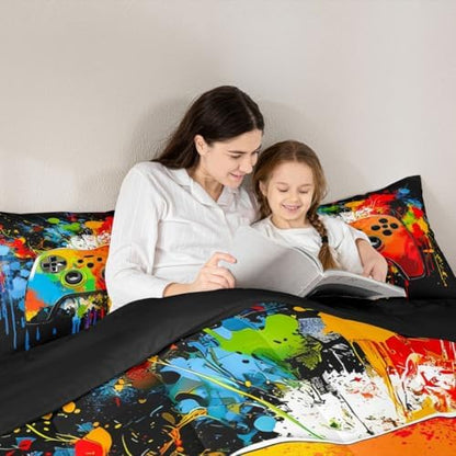 Erosebridal Gamer Comforter Set Graffiti Tie Dye Game Consoles Girl Toddler Bedding Set for Preteen Boys Girls Gaming Comforter Watercolor Abstract Art Quilt