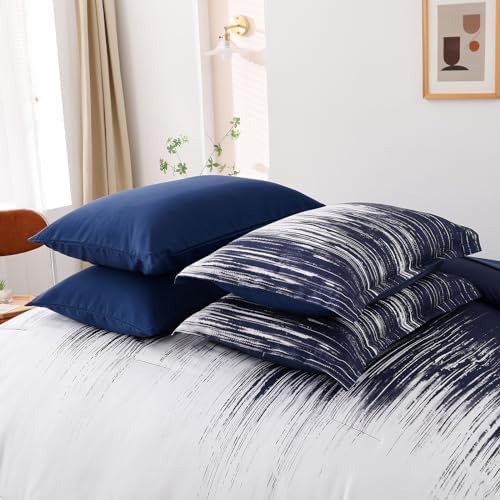 Dinjoy Ombre Blue Comforter Set King Size Gradient Navy Blue White Boho Bedding Set for Teen Men Women 7 Pieces Bed in A Bag Bohemian Bed Set with Comforter, Sheets, Pillowcases & Shams