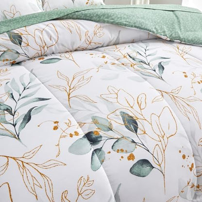 Joyreap 7 Piece Bed in a Bag California King, Green Leaves Print on White Botanical Design, Microfiber Floral Bedding Comforter Set for All Season