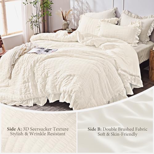 JOLLYVOGUE Ivory Queen Comforter Set, 3 Pieces Seersucker Comforters Queen Size, Lightweight & Fluffy Bedding Sets Queen for All Season with 1 Ruffle Comforter and 2 Ruffle Pillowshams