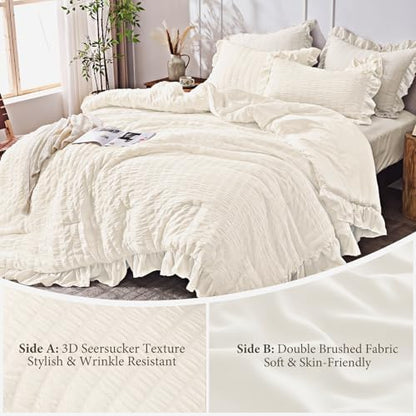 JOLLYVOGUE Ivory King Comforter Set, 3 Pieces Seersucker Comforters King Size, Lightweight & Fluffy Bedding Sets King for All Season with 1 Ruffle Comforter and 2 Ruffle Pillowshams